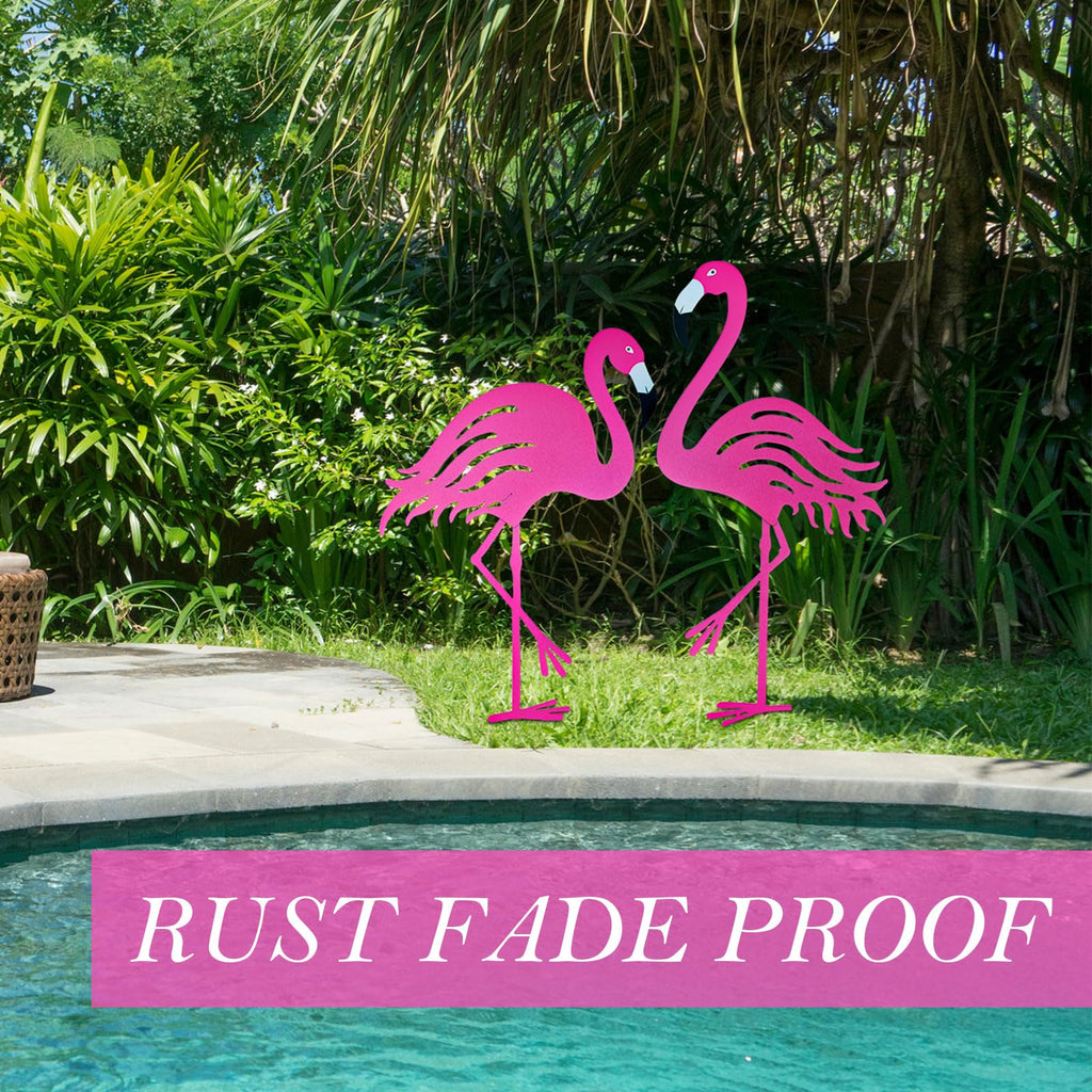 Riakrum 4 Pcs Flamingos Outdoor Yard Decor Pink Metal Flamingos for Yard Garden Large Bird Statue Ornaments for Lawn, Patio Outside Art Decor
