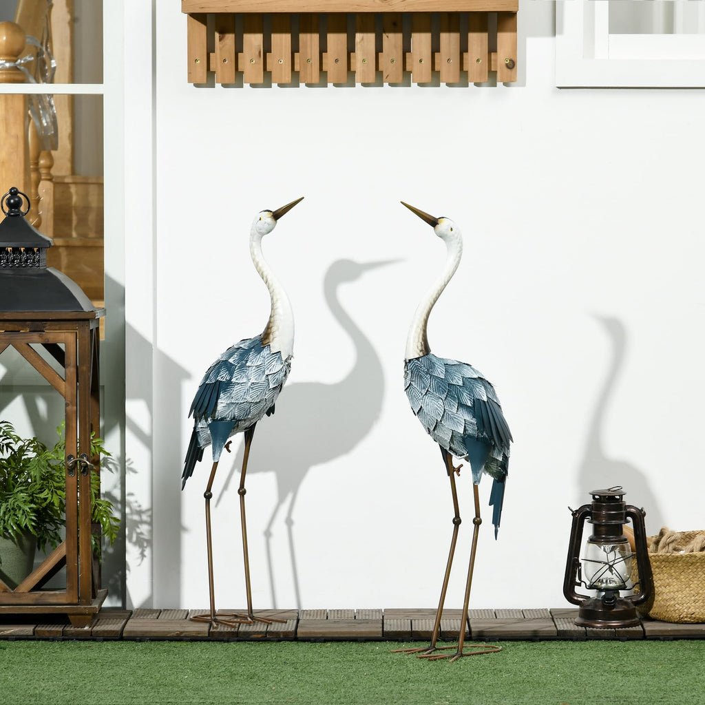 Outsunny Set of 2 Metal Crane Garden Statues 28.5" & 29", Blue & White