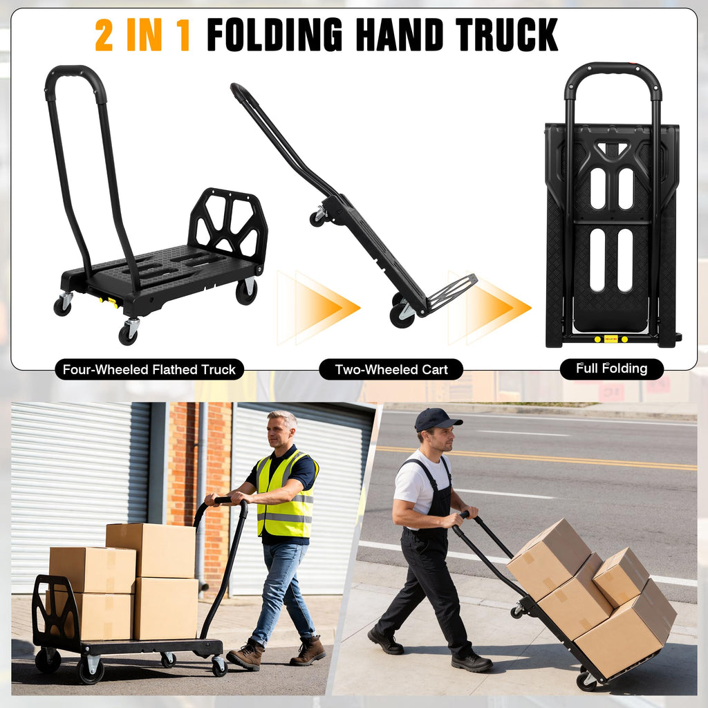 Folding Hand Truck with 4-Wheel Mode, 2 in 1 Collapsible Push Cart & Fold-Up Toe Plate – 300lbs Heavy Duty Dolly Pull Cart with Wheels Portable Hand Truck for delivery, Warehouse & Moving