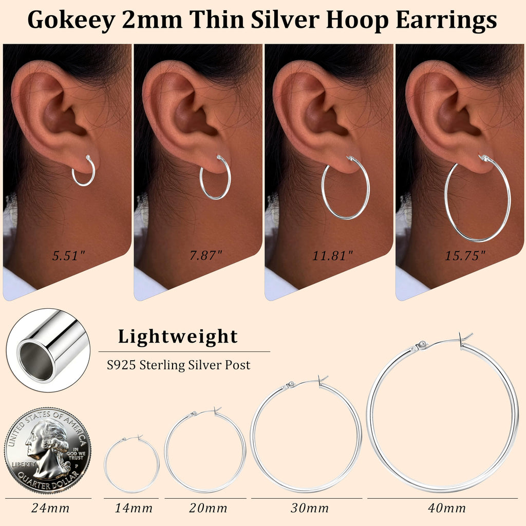 Gokeey Silver Earrings for Women Trendy, Hypoallergenic Silver Hoop Earrings for Women, Small Hoop Earrings Huggie Hoops Earrings for Jewelry Gifts 14mm 20mm 30mm 40mm