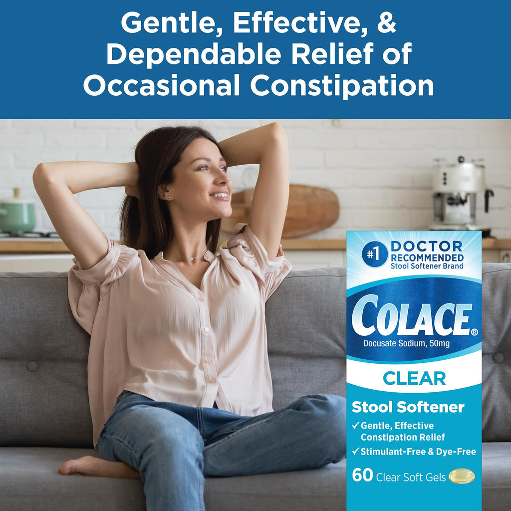 Colace Clear Stool Softener Soft Gel Capsules, 60 Count, Constipation Relief, 50 mg Docusate Sodium, Doctor Recommended