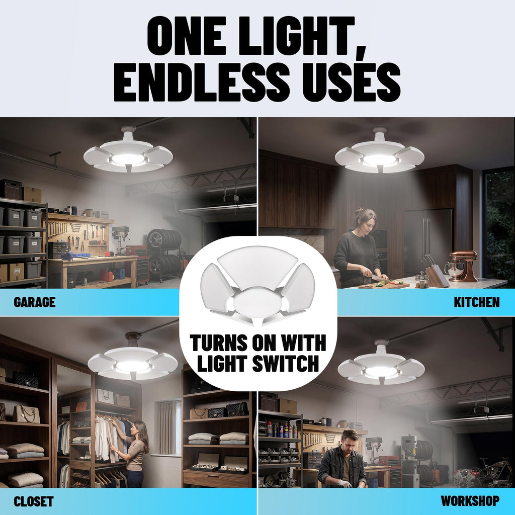 Bell+Howell Socket Burst Screw in LED Garage Lights, 3500LM Ultra Bright LED Shop Lights for Garage, Shed, Attic, Wrokshop, Screw-in E26/E27, 6 Light Panels, Easy to Install