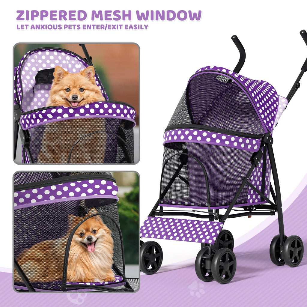 Magshion Compact Pet Stroller for Small-Medium Dogs/Cats up to 22lbs, 4-Wheel Lightweight Umbrella Shaped Portable Puppy Travel Jogger w/Breathable Mesh, Cup Holder & Rear Storage, Purple Polka Dots