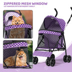Magshion Compact Pet Stroller for Small-Medium Dogs/Cats up to 22lbs, 4-Wheel Lightweight Umbrella Shaped Portable Puppy Travel Jogger w/Breathable Mesh, Cup Holder & Rear Storage, Purple Polka Dots