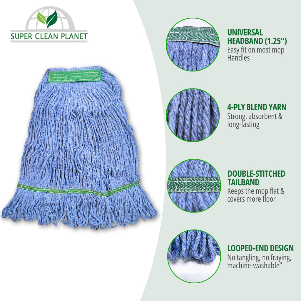 Super Clean Planet Heavy Duty Mop Head Refill (3-Pack) – Industrial Blue Cotton, Looped-End Wet Mop Heads for General, Commercial, Janitorial & Floor Cleaning