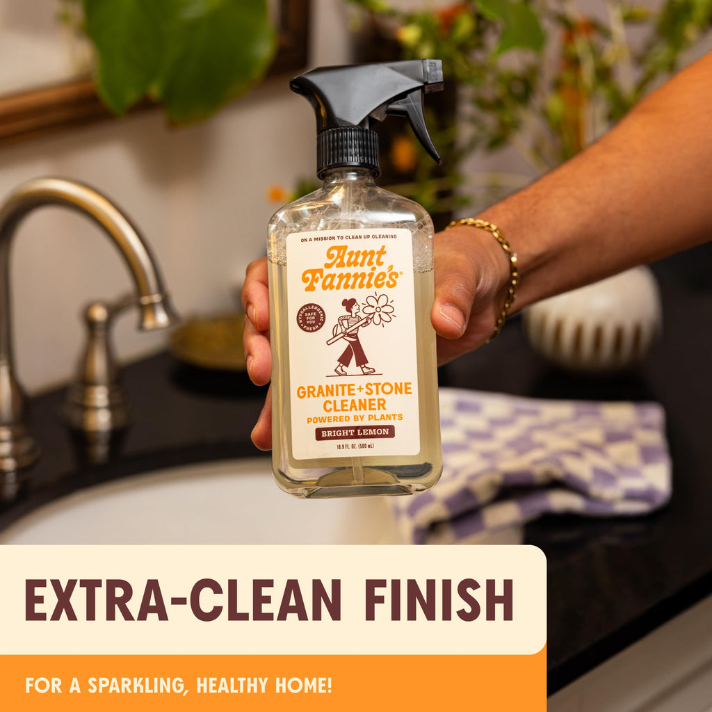 Aunt Fannie's Granite and Stone Cleaner, Plant Based Daily Countertop Spray for Marble, Soapstone, Quartz, Slate, Laminate, and other Sealed Stone, Bright Lemon Scent, Pack of 6