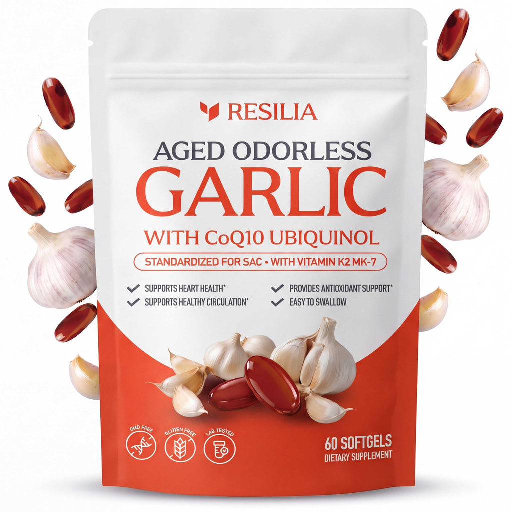 Resilia Odorless Aged Garlic Softgels (60 Count) | 1200mg Aged Garlic Per Serving | with CoQ10 Ubiquinol & Vitamin K2 (MK-7) | Dietary Supplement