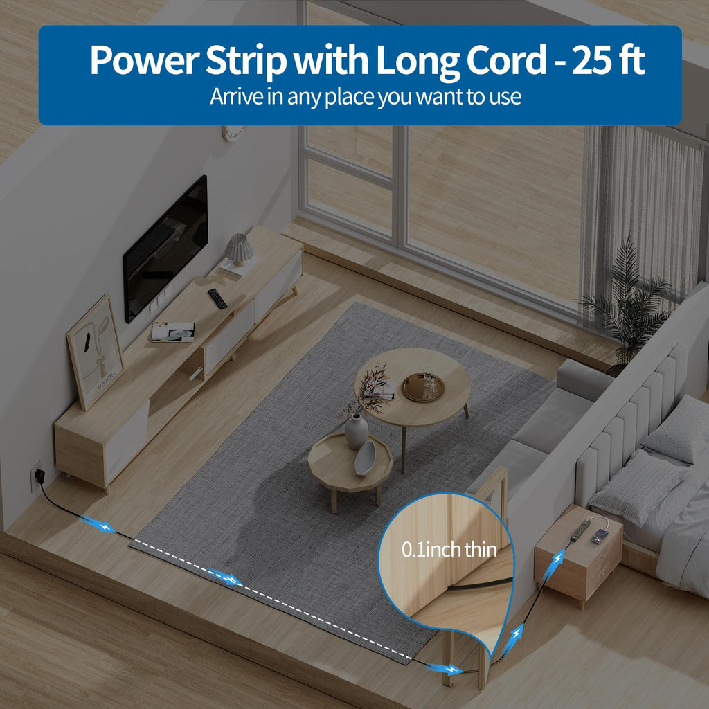Long Extension Cord 25 Ft, NTONPOWER Ultra Thin Flat Extension Cord Under Carpet, Rug, Wall Mount Power Bar Flat Plug with 4 Outlets 2 USB, Overload Protection for Indoor Home Office, Black