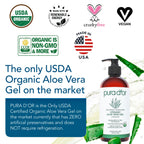 PURA D'OR 16 Oz ORGANIC Aloe Vera Gel - Unscented - All Natural - ZERO Artificial Preservatives - Deeply Hydrating & Moisturizing - Sunburn, Bug Bites, Rashes, Small Cuts, Eczema Relief - Skin & Hair