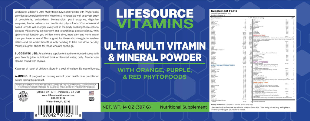 LifeSource Vitamins Ultra Multi Vitamin & Mineral Powder w/Phytos Reds Phyto Purples and Phyto Oranges - 30 Day Supply