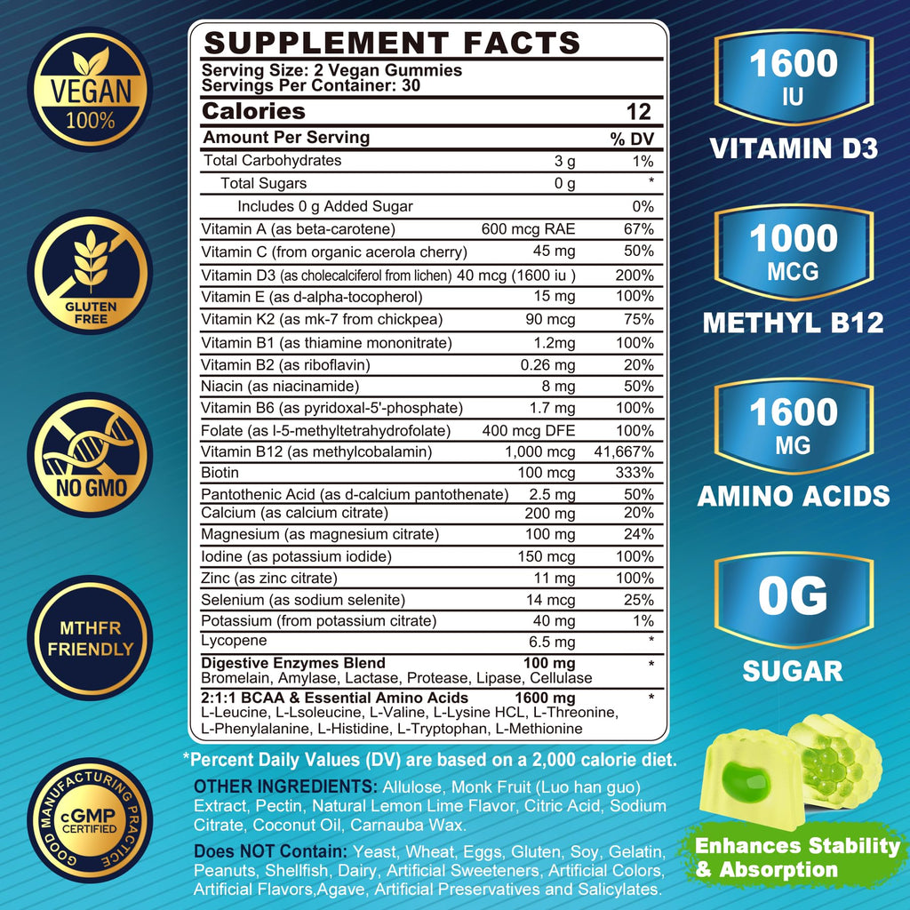 2 Pack Methylated Multivitamin for Men Gummies, BCAA Amino Acids, Zinc, Biotin, Vitamin A C E D3 K2 B Complex Calcium, Magnesium, Lycopene, Digestive Enzymes - Energy Muscle Immune - Sugar Free, Vegan