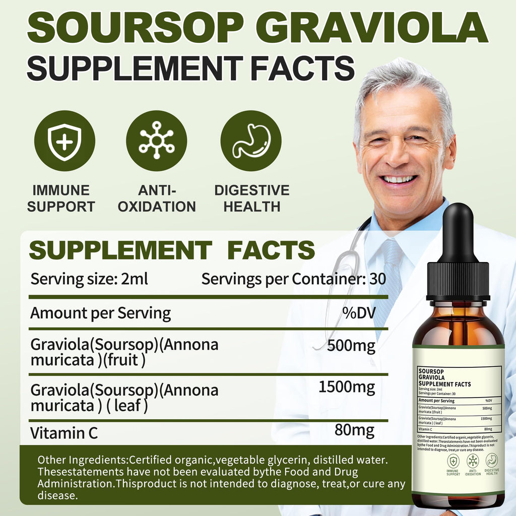 (2 Pack) Soursop Graviola Liquid Drops 2000mg，Immune Boost，Cell Support & Regeneration，Natural Antioxidant，Soursop Bitters Liquid，Soursop Extract - 98%, Sugar/Gluten Free, Natural Flavor, 4 Fl Oz
