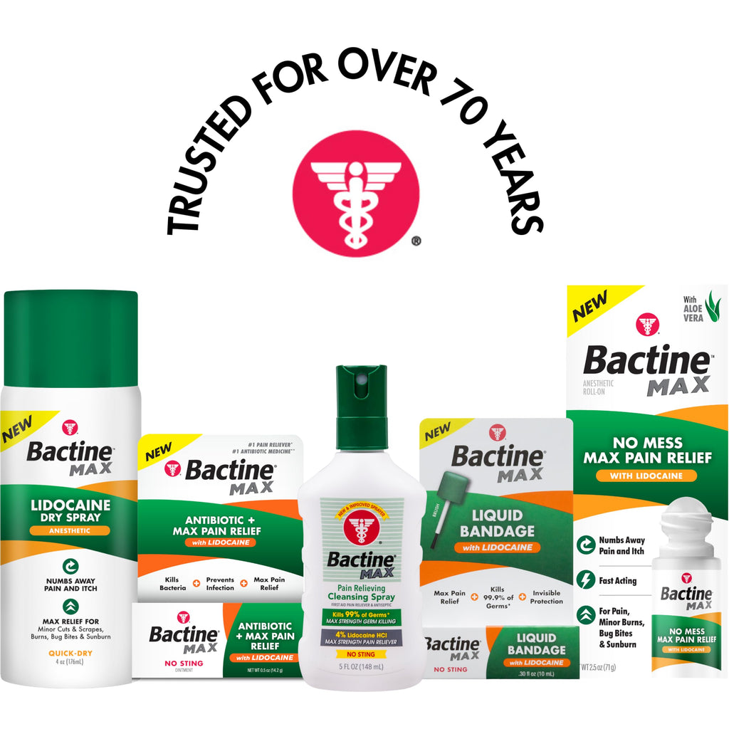 Bactine MAX First Aid Spray - Pain Relief Cleansing Spray with 4% Lidocaine - Numbing Lidocaine Kills 99% of Germs - Pain + Itch Relief for Minor Cuts & Scrapes, Burns & Bug Bites - 5oz, 4 Pack