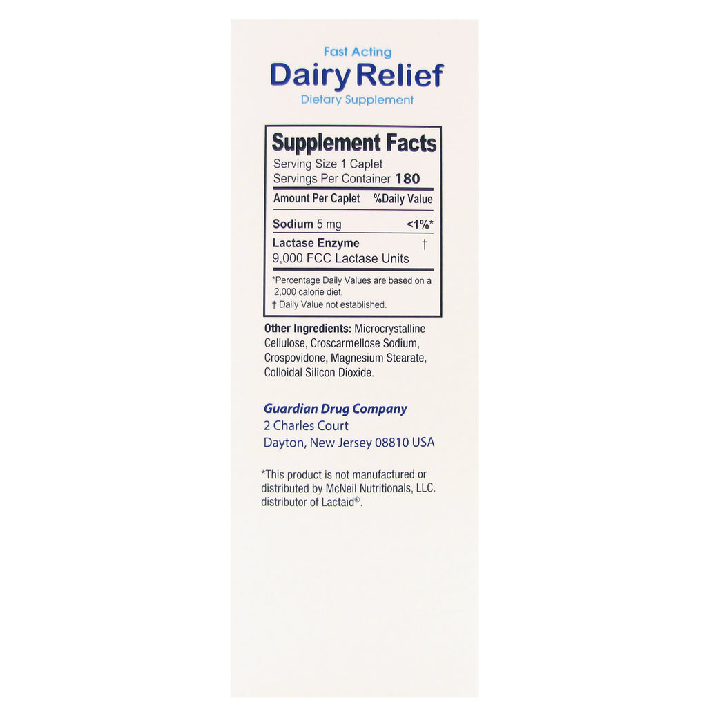 guardian Dairy Relief Fast Acting Lactase, 360 Caplets, 9000 FCC Maximum Strength, Lactose Intolerance Pills, Lactase Enzyme Supplement (360 CT)