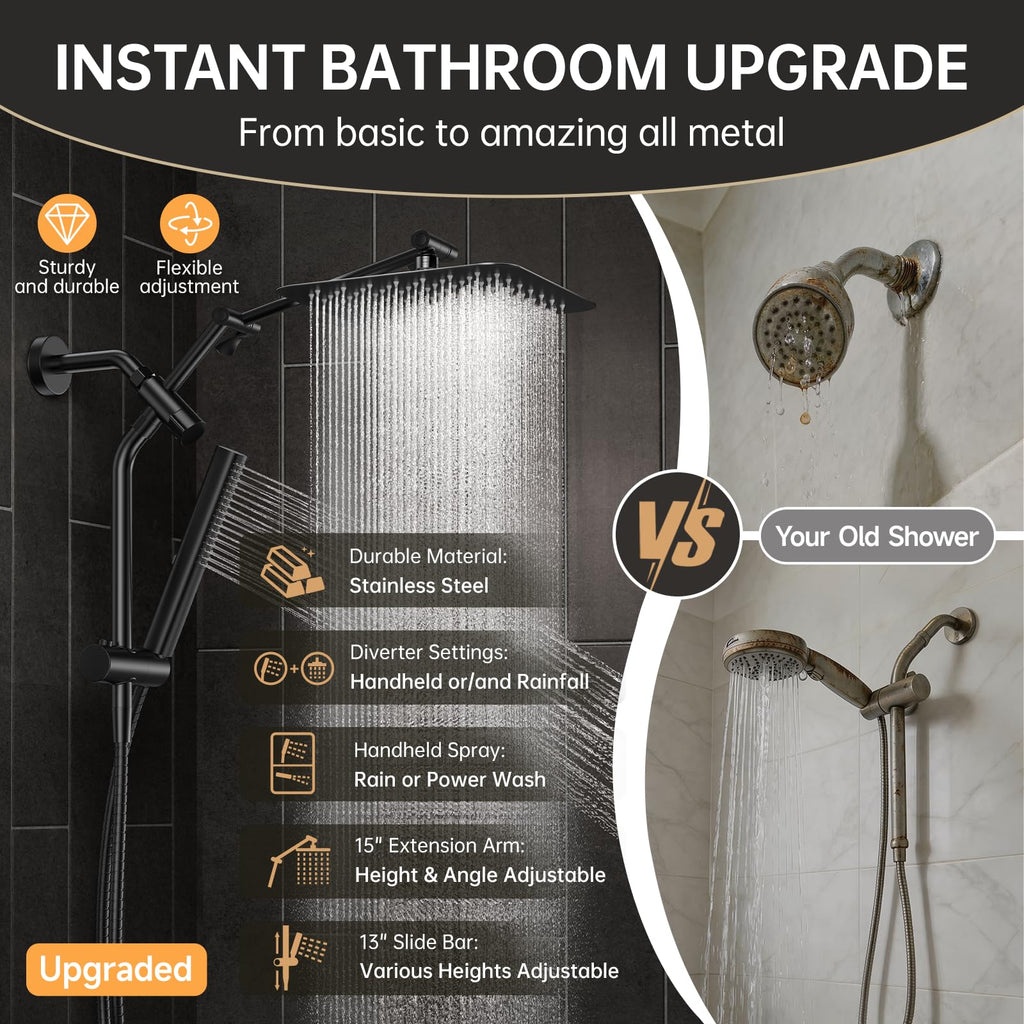 Veken All Metal 10" Black Shower Head with Handheld, Luxurious Square Double Rain Shower Heads with Power Wash Hand Held,Dual High Pressure Detachable Rainfall Showerhead with Arm,Bathroom,Matte Black