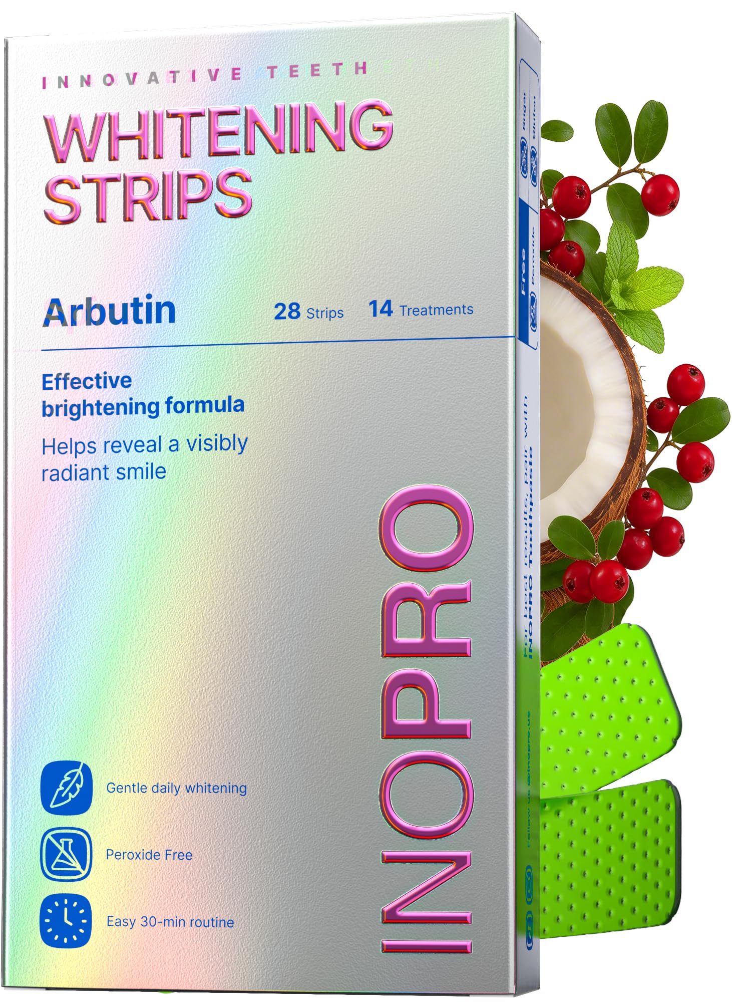 InoPro Teeth Whitening Strips 7 Treatments Kit - Sensitive Teeth Whitener, Peroxide Free, Enamel Safe Green White Strips, Deep Stains Removal - Instant Teeth Whitening Without The Harm (14 Strips)