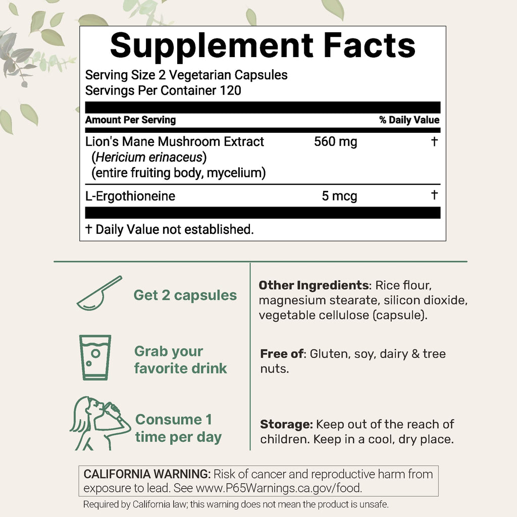 Micro Ingredients Lions Mane Supplement Capsules, 240 Veggie Capsules with L-Ergothioneine, 4 Month Supply | Non-GMO