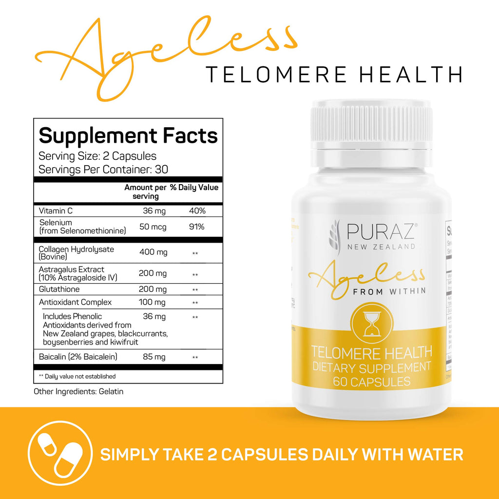 PURAZ Telomere Supplements with Potent Astragalus Root Extract & Collagen - Advanced Formula for Telomere Lengthening, Anti-Aging Supplement, Longevity, DNA Repair & Antioxidant Defense - 60 Capsules