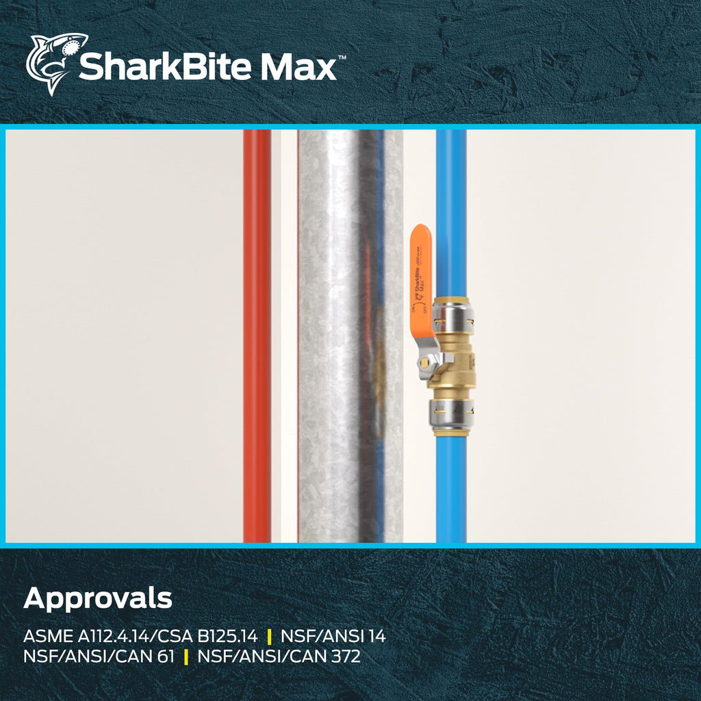 SharkBite Max 3/4 Inch Ball Valve, Push To Connect Brass Plumbing Fitting, Water Shut Off, PEX Pipe, Copper, CPVC, PE-RT, HDPE, UR22185A