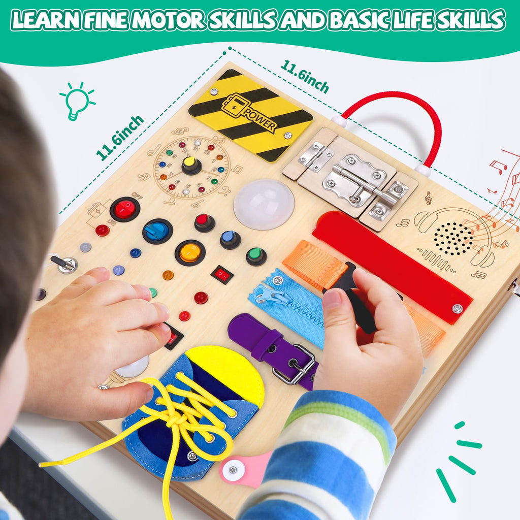 Iabedi Busy Board,Montessori Toys for 1-3 Years Old, Wooden Toddler Toys, Autism Sensory Travel Toy, Ideal Gift for 1+ Year Old Boys (Busy Board Plus v3)