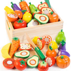 Wooden Play Food for Toddlers, Fruit & Veggies Cutting Set for Play Kitchen