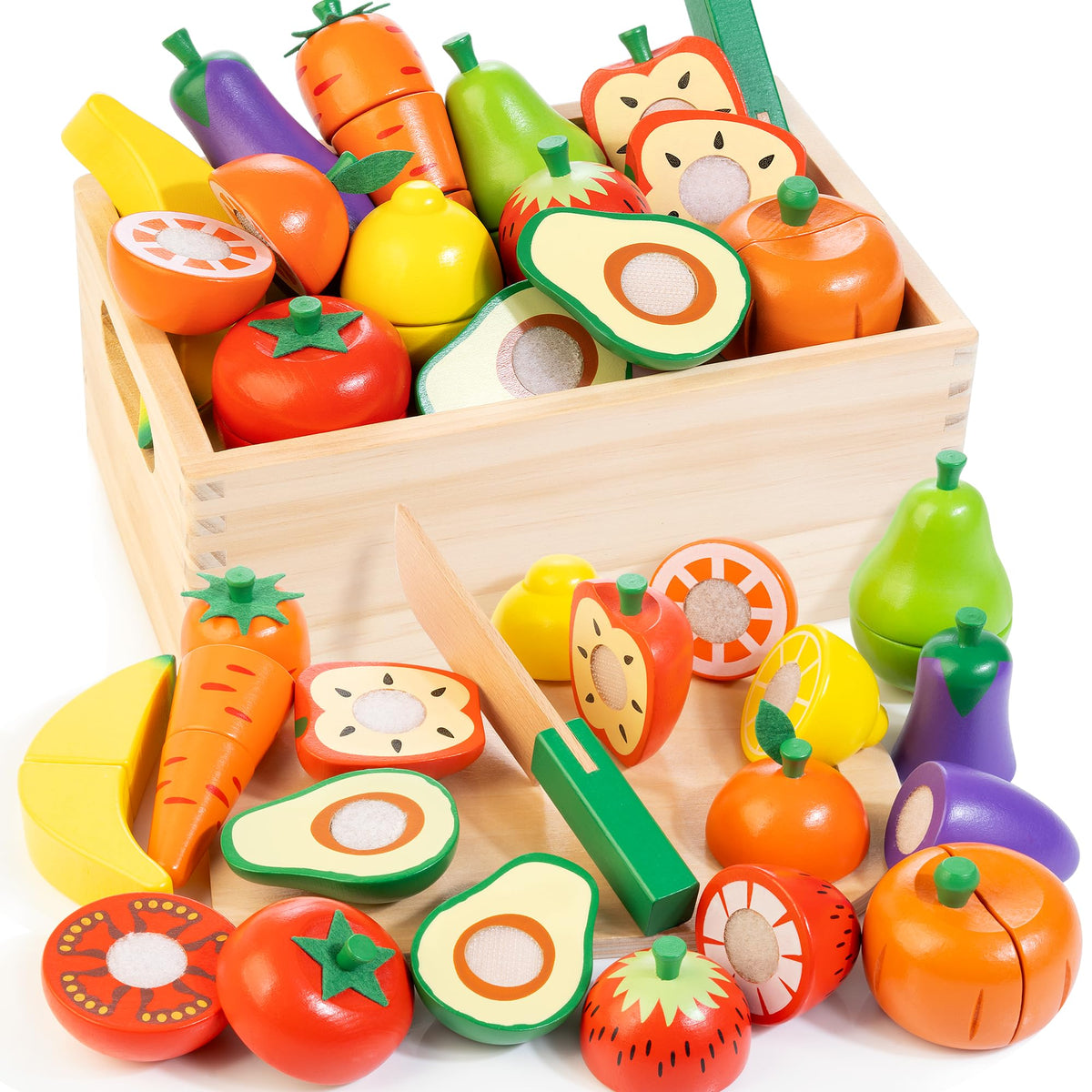 Wooden Play Food for Toddlers, Fruit & Veggies Cutting Set for Play Kitchen