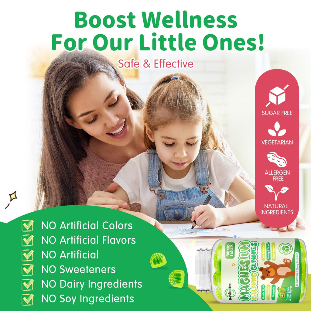 Magnesium Gummies for Kids - Magnesium Glycinate Gummies with L-Theanine, Vitamin B6, D3 for Kids & Adults Sleep, Calm, Relaxation, Brain, Bones, Muscle Relief, Sugar Free Green Apple & Kiwi 60ct