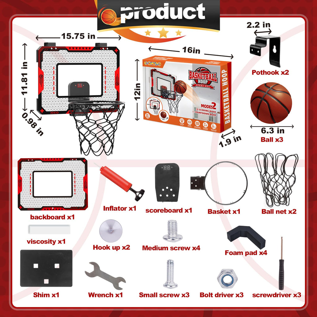 Indoor Basketball Hoop with Electronic Scoreboard & Balls for Kids Age 5-12