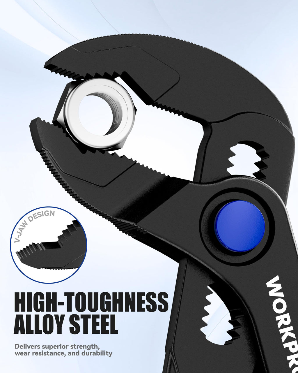WORKPRO Mini Water Pump Pliers, 4-Inch Groove Joint Pliers, Fast Adjustable Tongue and Groove Pliers with 15-Position Push-Lock, V-Jaw for Multi-Surface Grip, Ideal for Tight Spaces and Versatile Use