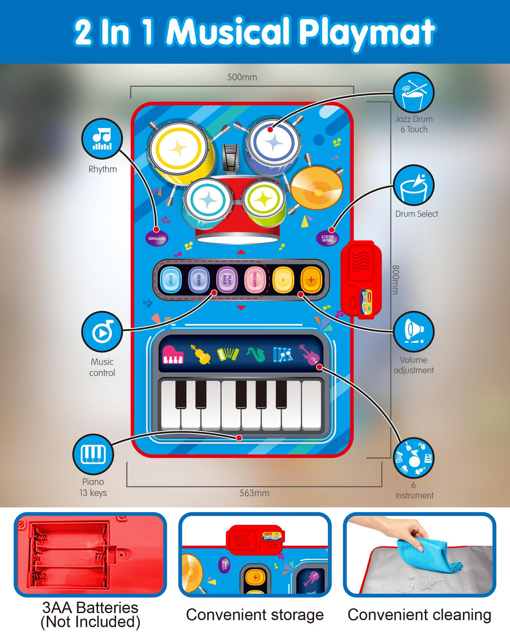 DQMOON Toys for 1 Year Old Boy Gifts, 2 in 1 Musical Mat with Piano & Drum, Adjustable Volume, Musical Toys for 1 Year Old, Christmas Birthday Easter Gifts for 1-2 Year Old Boys Girls (Blue)