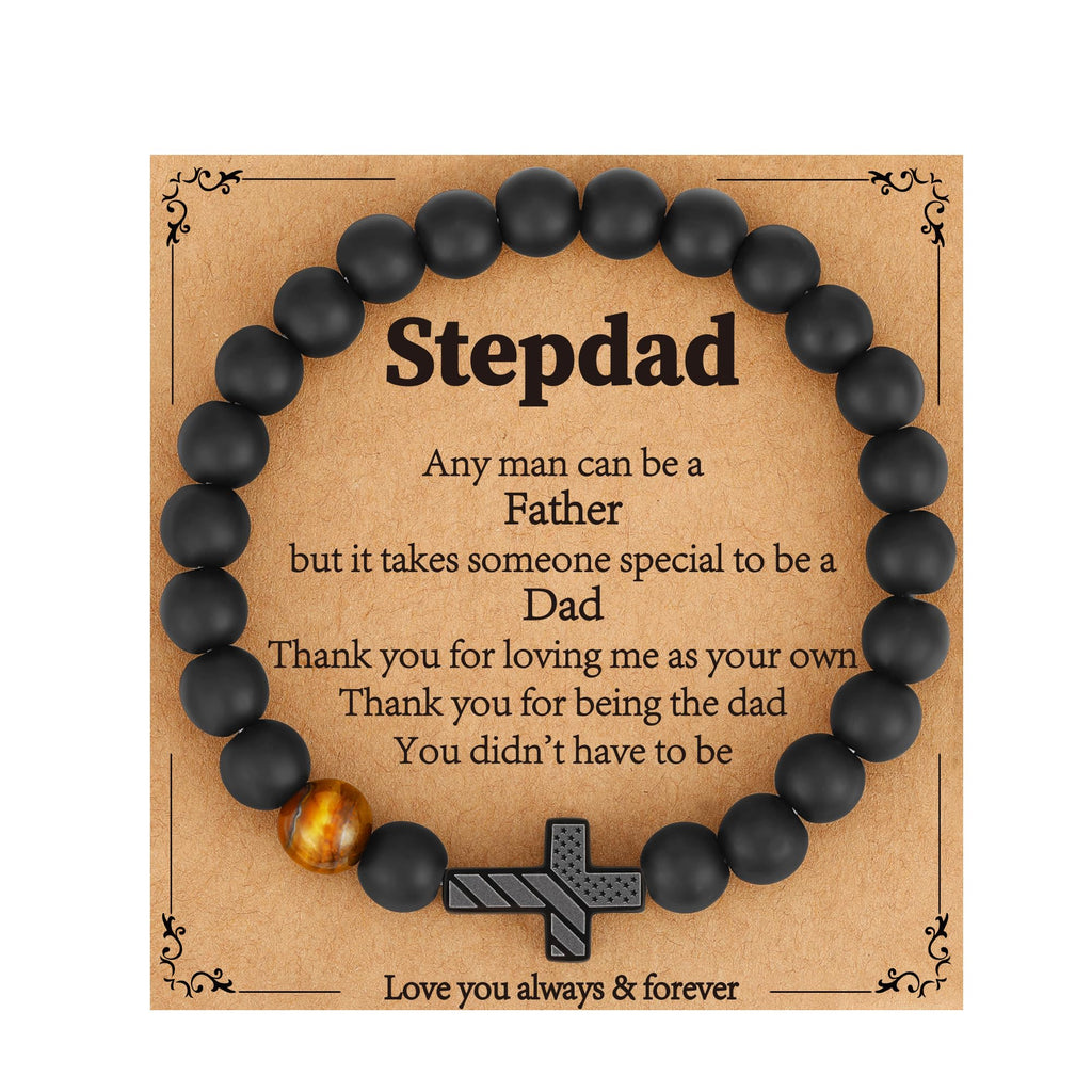 Gnamy Step Dad Fathers Day Gift for Stepdad, To My Stepdad American Flag Cross Beads Bracelet Christian Christmas Anniversary Birthday Jewelry Gifts for Second Dad from Stepson Stepdaughter