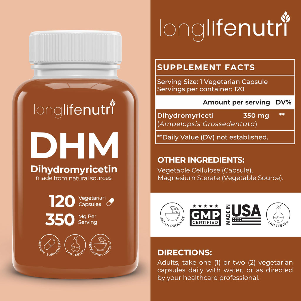 DHM (Dihydromyricetin) 350mg - Dervied from Ampelopsis Grossedentata, 120 Vegetarian Capsules, Organic Supplement for Daily Detox & Energy Balance, 4-Month Supply, GMP Certified, Made in USA
