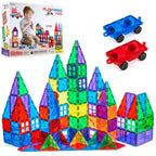 Magnetic Tiles for Kids 100-Piece Set, STEM Educational Building Blocks, Includes 2 Cars & Click-in ABC Learning Tiles, Gift for Boys & Girls, Magnetic Figures & 2 or 4 Car Set Add-Ons Available