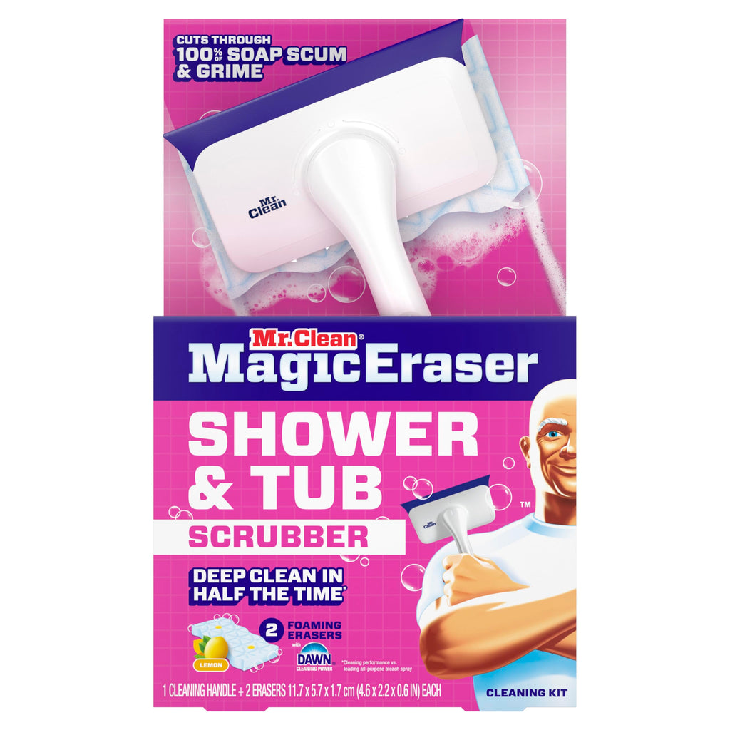 Mr. Clean Magic Eraser Shower & Tub Scrubber, Bathroom Cleaner, All in One Bathroom Cleaner, Lemon Starter Kit, 2 Scrubber, 5 Foaming Magic Erasers, 1 Whole Home Extra Durable Magic Eraser