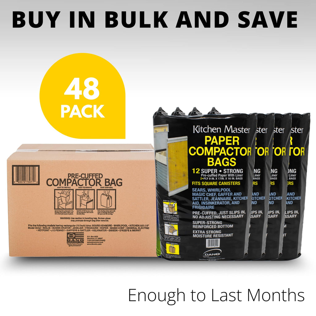 Kitchen Master Super Strong Compactor Bags (12 Pack) | Precuffed, Garbage Compactor Bags, Kitchen Liner, Paper Trash Bin Press, Kitchen Essential, Paper Garbage Press Liner