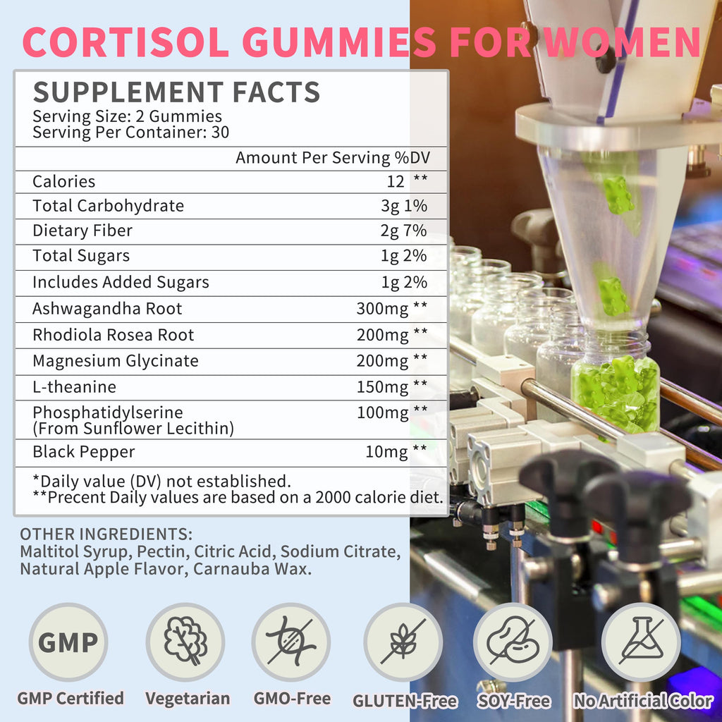 Cortisol Gummies for Women,Cortisol Manager with Ashwagandha,Magnesium,L-theanine,Phosphatidylserine,Rhodiola Rosea,Black Pepper for Mood Support,Adrenal Balance,Sleep,Vegan,Apple Flavor,60 Count