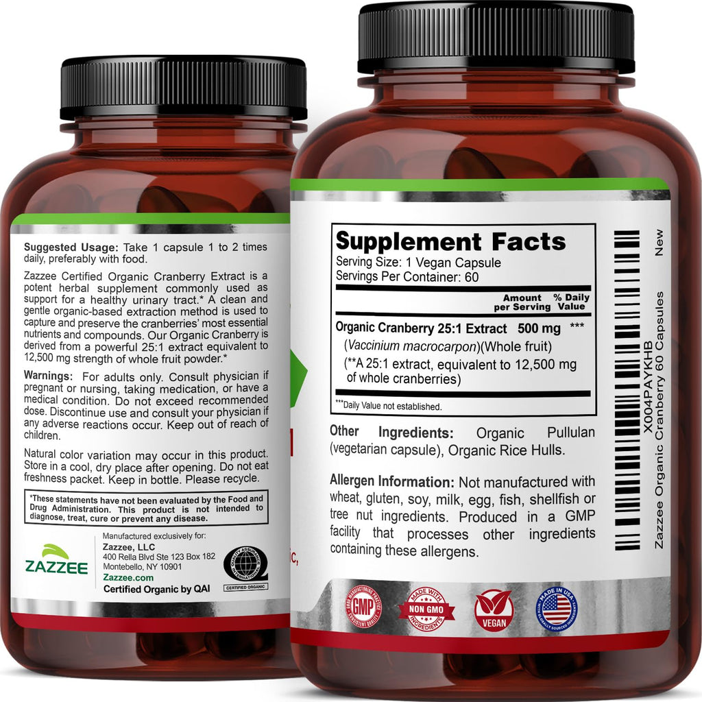 Zazzee USDA Organic Cranberry 25:1 Extract, 500 mg per Capsule, 60 Vegan Capsules, 2 Month Supply, Certified Kosher, Standardized, Concentrated 25X Extract, 100% Vegetarian, Non-GMO, Made in The USA