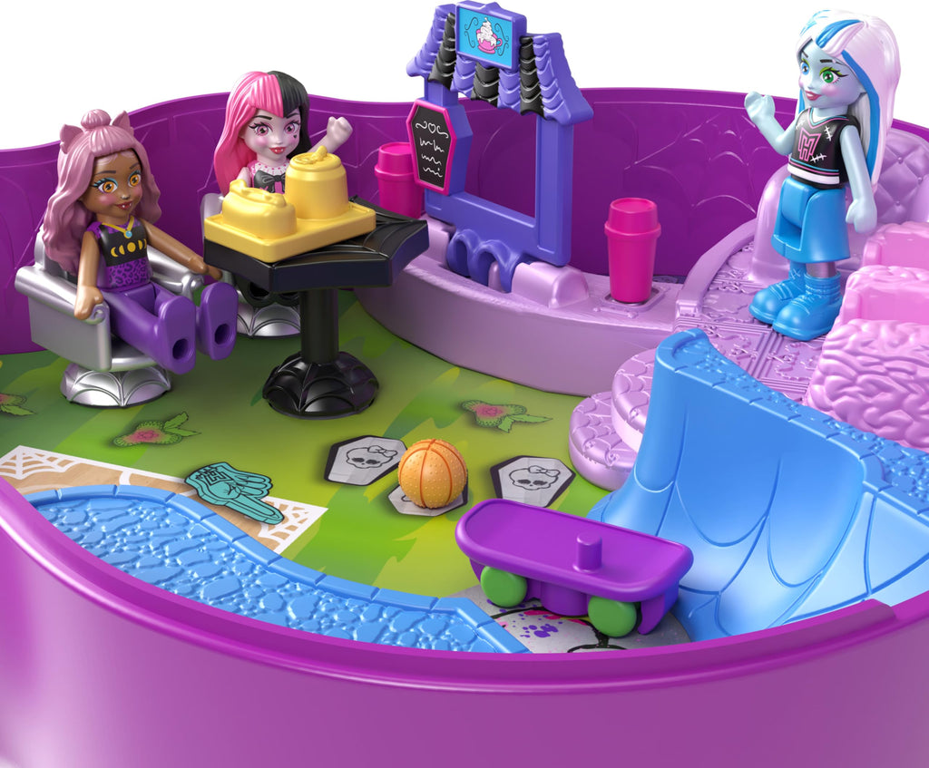 Polly Pocket Monster High Playset with 3 Micro Dolls & 10 Accessories, Opens to High School, Collectible Travel Toy with Storage