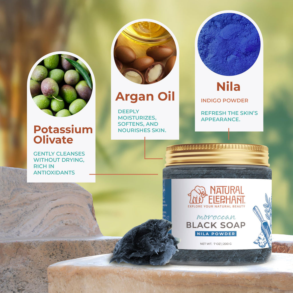 Natural Elephant Moroccan Black Soap | 7oz | Nila Indigo | Traditional Hammam Beldi Soap, 100% Natural Ingredients, Ideal for Exfoliating and Even Skin Appearance