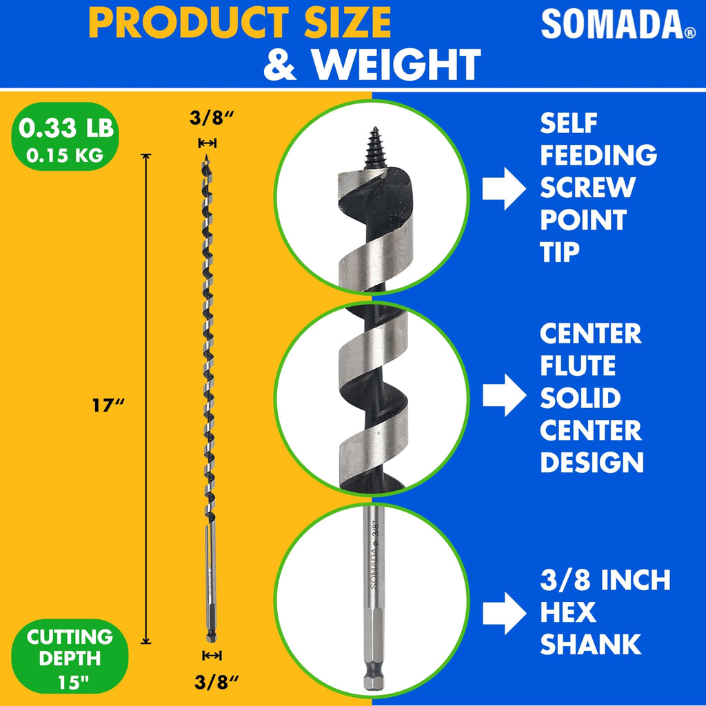 SOMADA 3/8-Inch x 17-Inch Auger Drill Bit for Wood, Hex Shank 3/8-Inch One Piece, Ship Auger Long Drill Bit for Soft and Hard Wood, Plastic, Drywall and Composite Materials