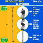 SOMADA 3/8-Inch x 17-Inch Auger Drill Bit for Wood, Hex Shank 3/8-Inch One Piece, Ship Auger Long Drill Bit for Soft and Hard Wood, Plastic, Drywall and Composite Materials