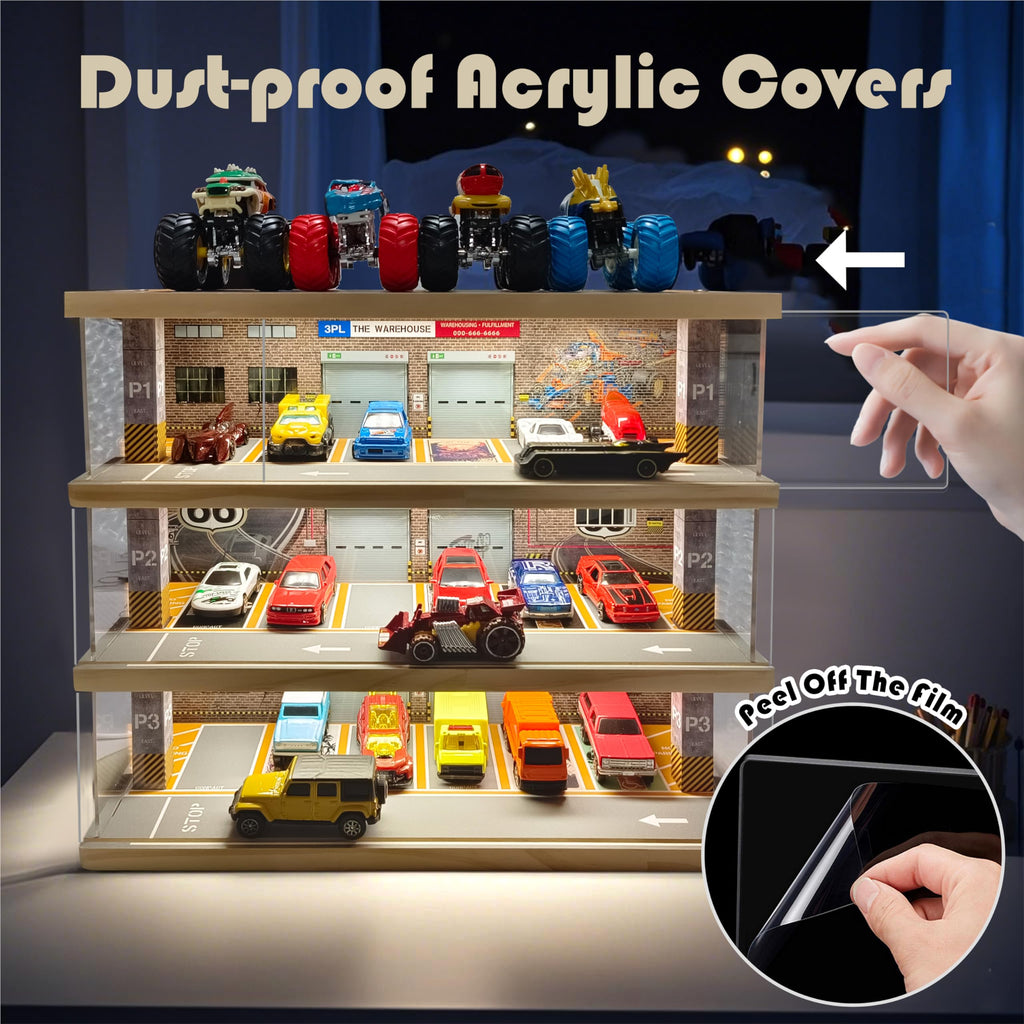 Storage Display Garage Compatible with Hot Wheels - Toy Car Garage with Lights, Freestanding Display Case, Parking Garage Diorama for 1/64 Scale Diecast Cars with 4 Levels 24 Spots Maximum 40 Cars