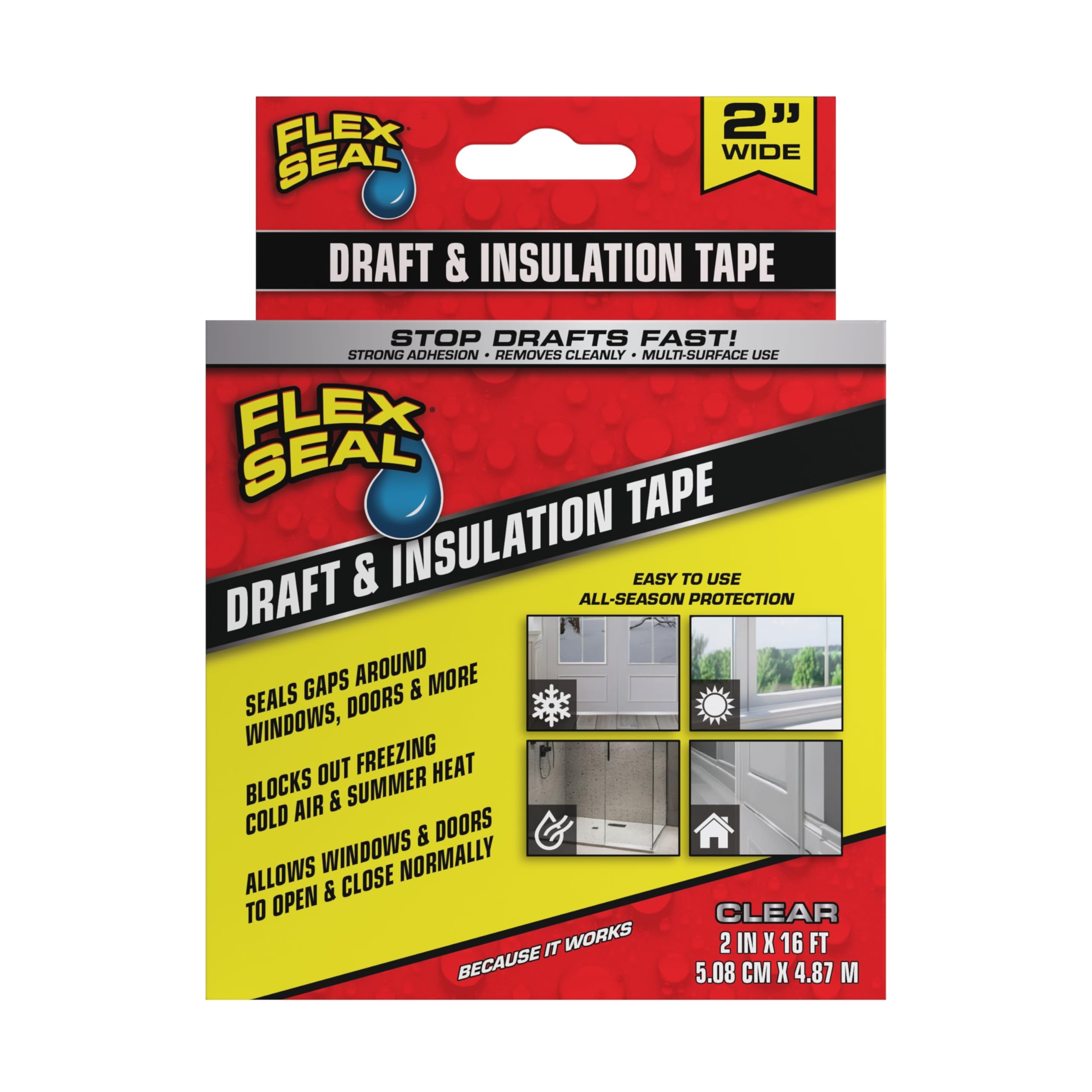 Flex Seal Draft and Insulation Sealing Tape, Flexible, Rubberized, Weatherproof Strip for Windows, Doors, Vents, Works on Wood, Glass, Tile, Metal, Plastic, Fiberglass, Clear, 2 in x 16 ft, Pack of 1