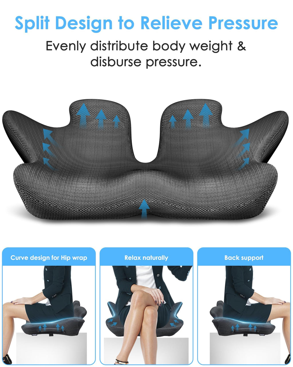 KFM 16" Large Memory Foam Seat Cushion Thick for Long Sitting Pressure Tailbone Pain Relief Height Adjustable with Retaining Strap for Office, Gaming Chair, Car, Wheelchair (Grey)