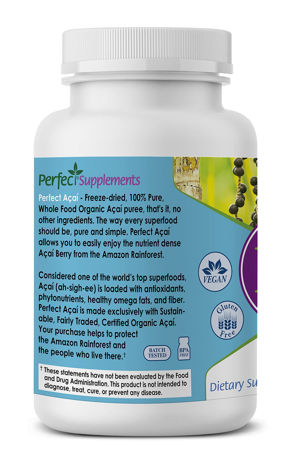 Perfect Supplements – Organically Grown Perfect Acai - Freeze-Dried Acai Supplement– 120 Vegetable Capsules