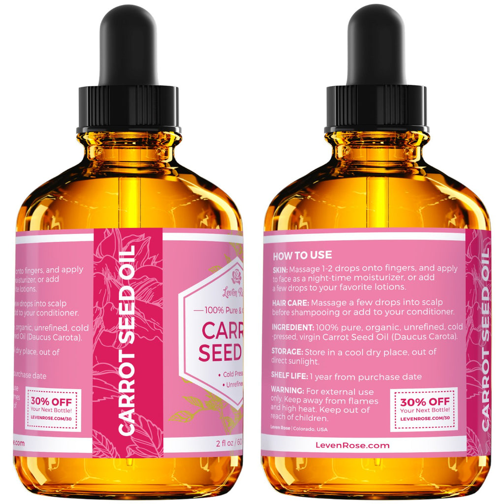 Carrot Seed Oil by Leven Rose, 100% Pure Unrefined Cold Pressed Moisturizer for Hair Skin and Nails 2 oz