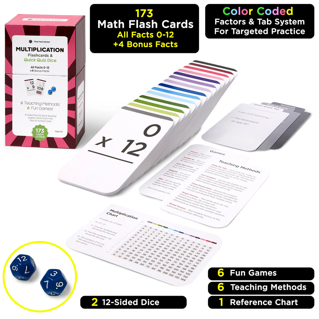 Think Tank Scholar 173 Multiplication Flash Cards + 2 Math Dice (Award Winning) All Facts 0-12 Answer on Back, for Kids in 2ND, 3RD, 4TH, 5TH, 6TH Grade Class or Homeschool - Games & Chart