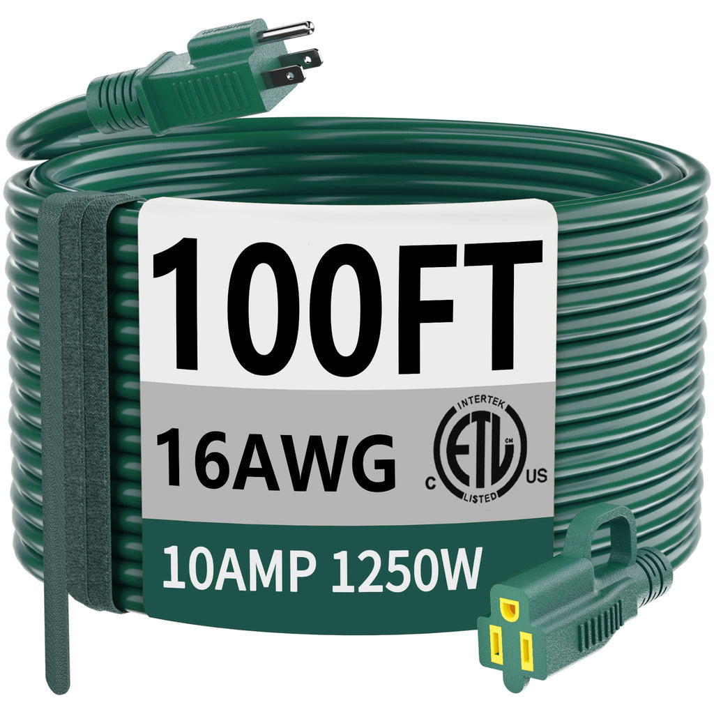 HUANCHAIN Indoor Outdoor Green Extension Cord 100 ft Waterproof, 16/3 Gauge Flexible Cold-Resistant Appliance Extension Cord Outside, 10A 1250W 16AWG SJTW, 3 Prong Electric Cable, ETL