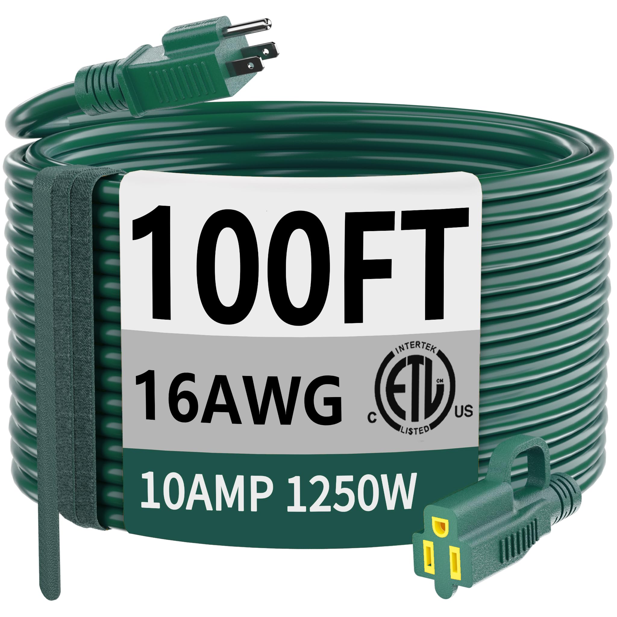 HUANCHAIN Indoor Outdoor Green Extension Cord 100 ft Waterproof, 16/3 Gauge Flexible Cold-Resistant Appliance Extension Cord Outside, 10A 1250W 16AWG SJTW, 3 Prong Electric Cable, ETL