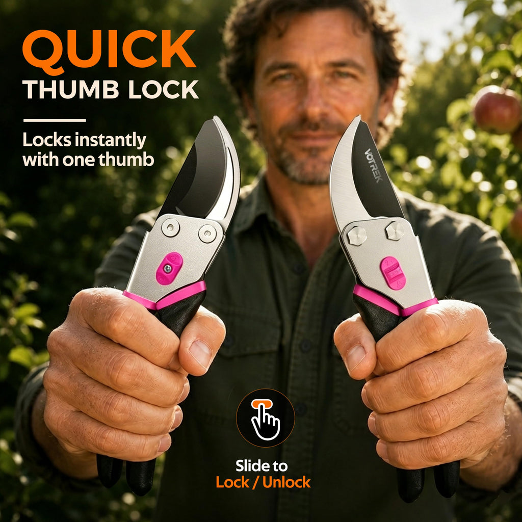 VOTREK® 8.5" Bypass Pruning Shears, Jam-Proof Spring Clippers for Roses